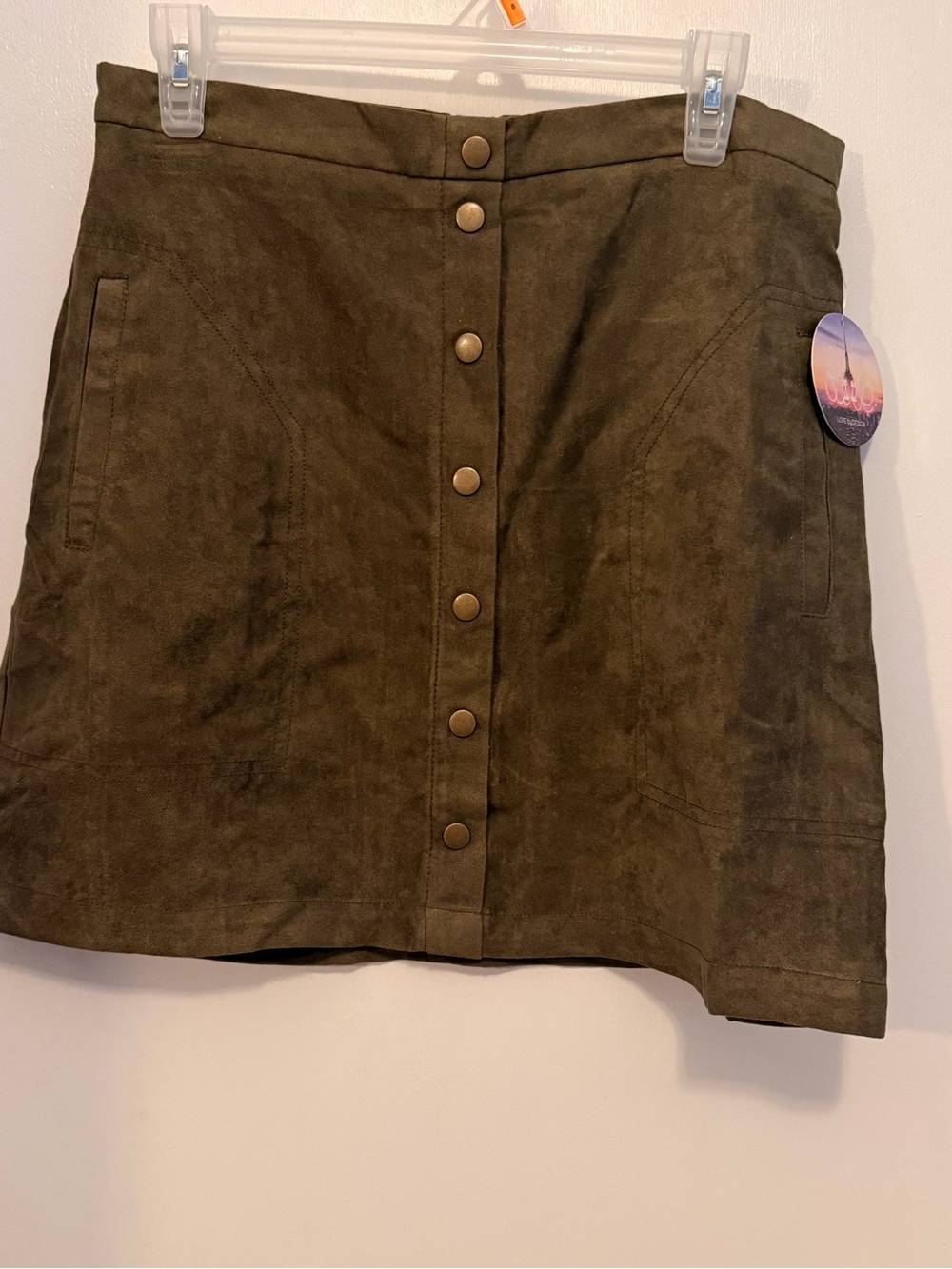 Love By Design Olive Faux Button-Front Suede Mini Skirt pockets & back zip NWT